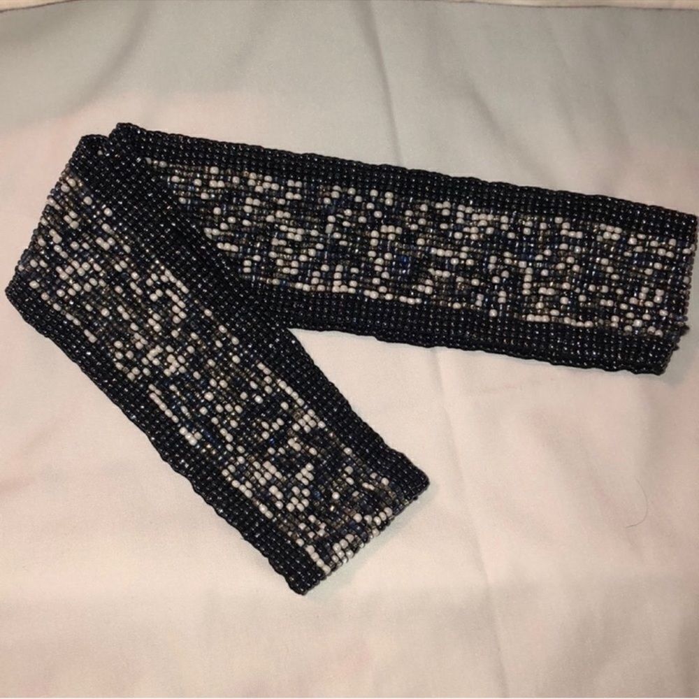 Navy White Custom Made Beaded Pull On Elastic Belt